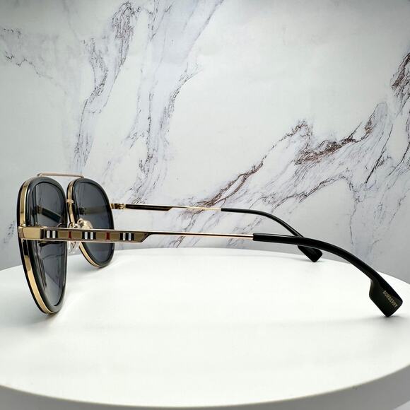 New Burberry Sunglasses Polarized Gold Black Check Arms Aviator Pilot Metal - Picture 16 of 16
